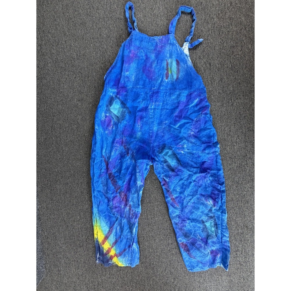 Flax Sloop Jones Overalls Womens Medium Blue Linen Tie Dye Hand Painted Coverall
